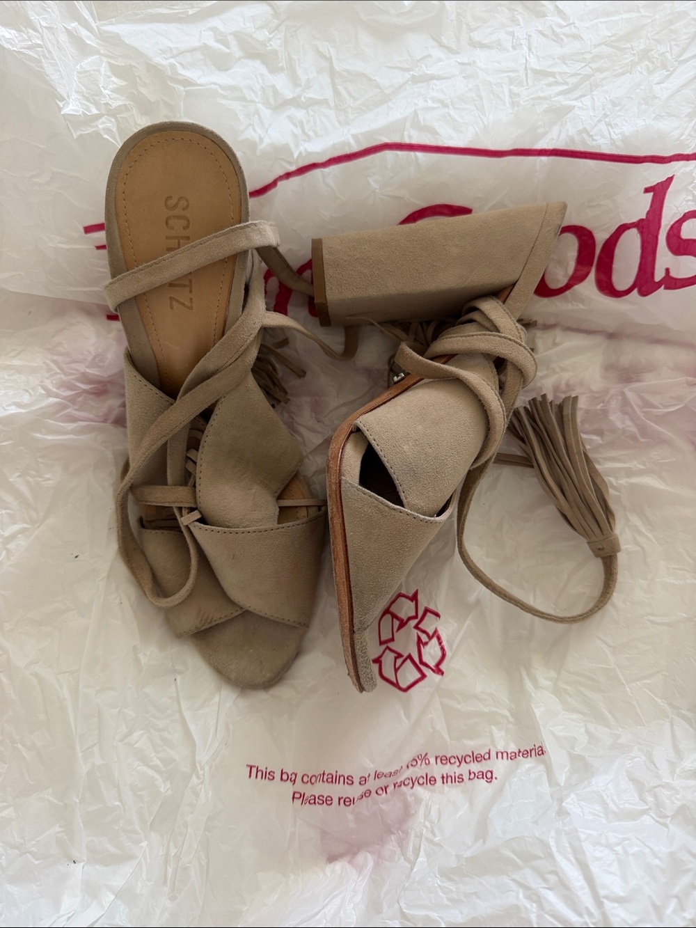 SCHUTZ Taupe Suede Wrap-Tie Block Heel Sandals